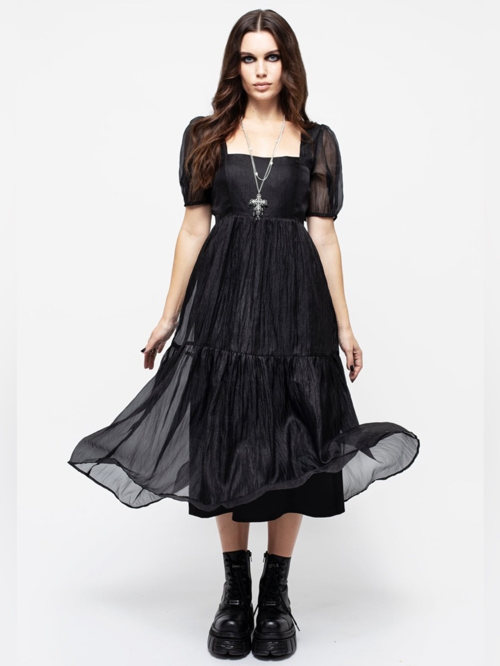 Disturbia Flatline Puff Sleeve Sheer Black Tiered Midi Dress US 8